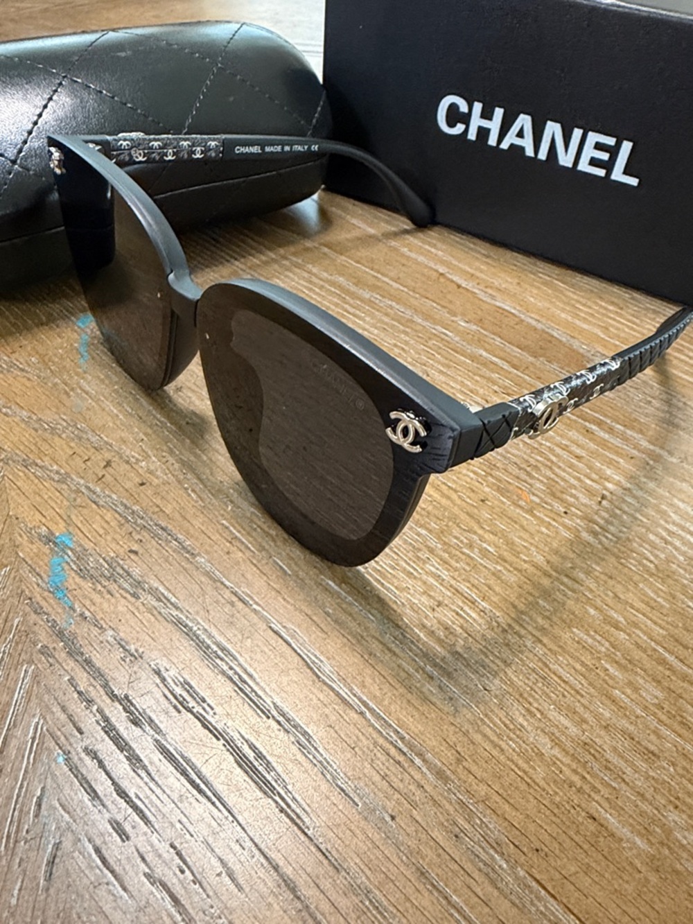 CHANEL Black Monogram Arm Sunglasses with Case - Picture 5 of 9